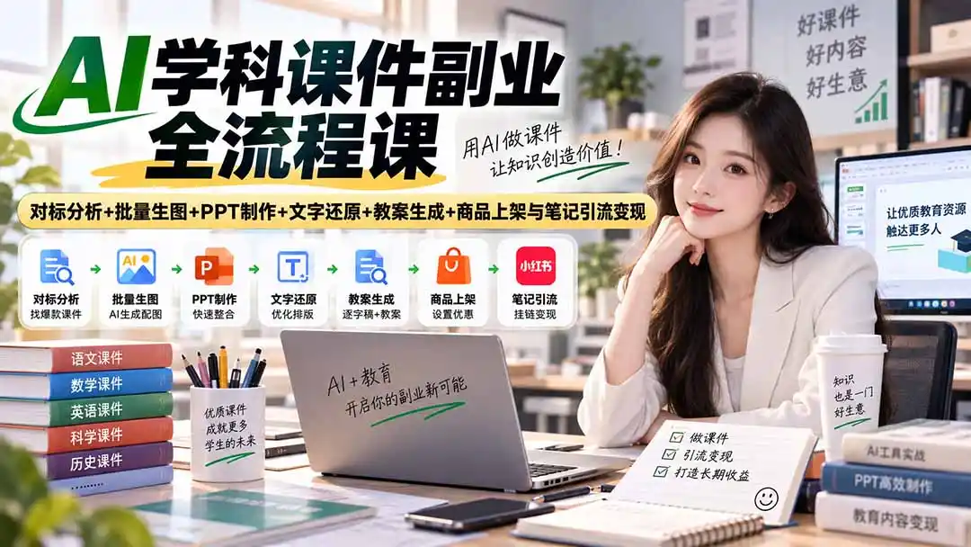 AI学科课件副业全流程课｜对标分析+批量生图+PPT制作+文字还原+教案生成+商品上架与笔记引流变现-百盟网