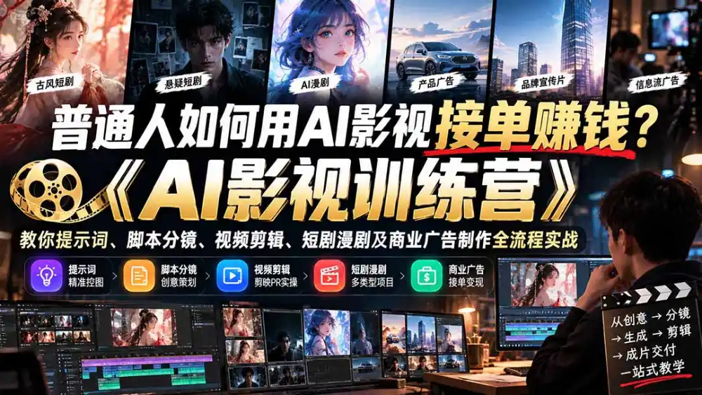 普通人如何用AI影视接单赚钱?《AI影视训练营》教你提示词、脚本分镜、视频剪辑、短剧漫剧及商业广告制作全流程实战 普通人如何用AI影视接单赚钱?《AI影视训练营》教你提示词、脚本分镜、视频剪辑、短剧漫剧及商业广告制作全流程实战