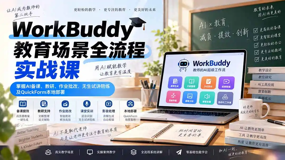 WorkBuddy教育场景全流程实战课：掌握AI备课、教研、作业批改、无生试讲陪练及QuickForm本地部署-百盟网