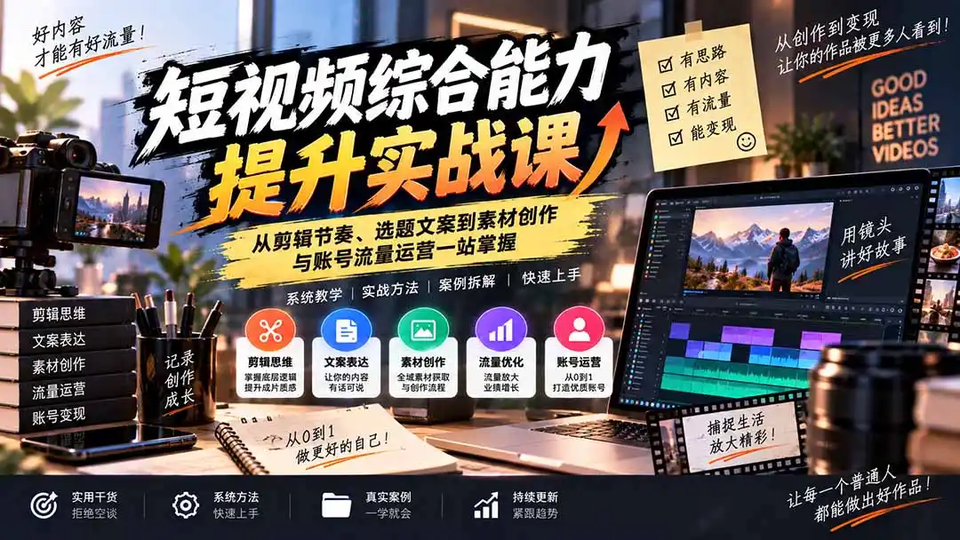 短视频综合能力提升实战课：从剪辑节奏、选题文案到素材创作与账号流量运营一站掌握-百盟网