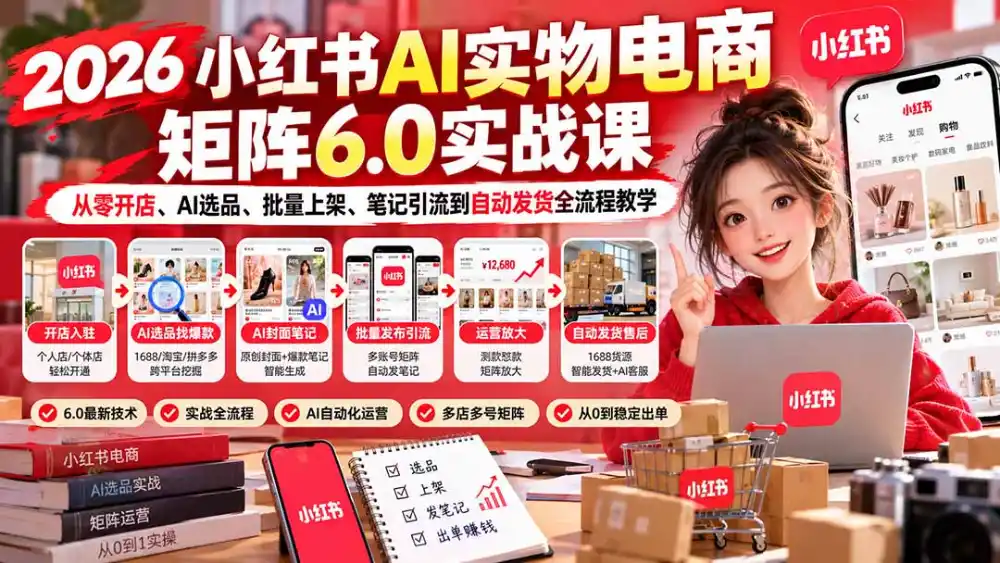 2026小红书AI实物电商矩阵6.0实战课：从零开店、AI选品、批量上架、笔记引流到自动发货全流程教学-百盟网