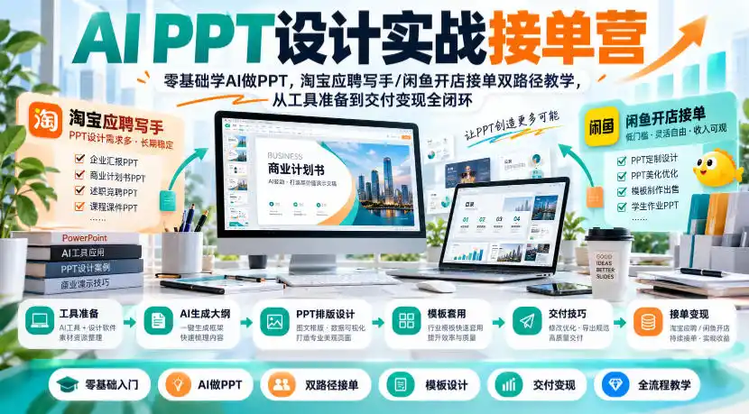 AI PPT设计实战接单营｜零基础学AI做PPT，淘宝应聘写手/闲鱼开店接单双路径教学，从工具准备到交付变现全闭环-百盟网
