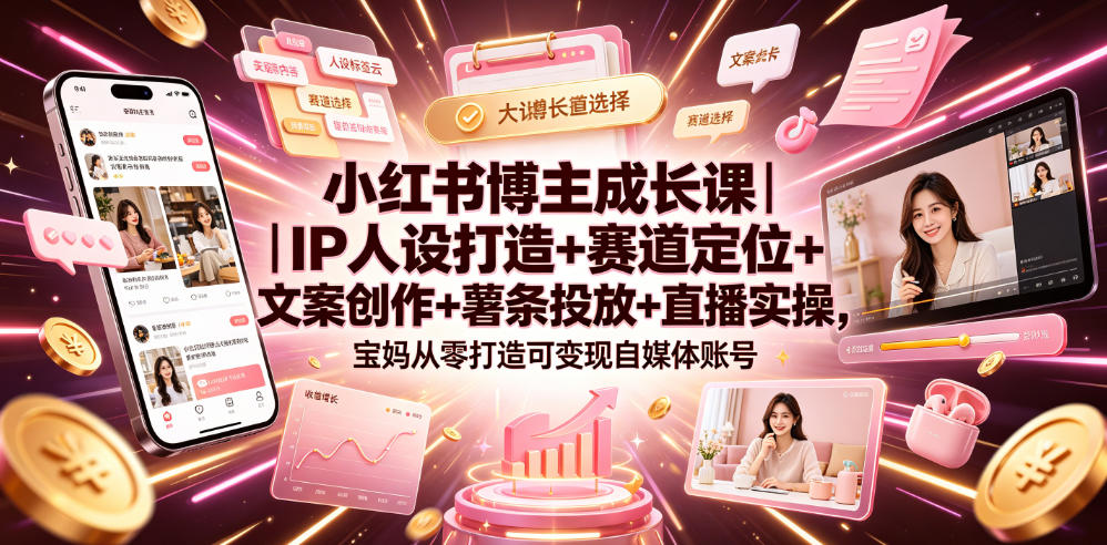 小红书博主成长课|IP人设打造+赛道定位+文案创作+薯条投放+直播实操,宝妈从零打造可变现自媒体账号-百盟网