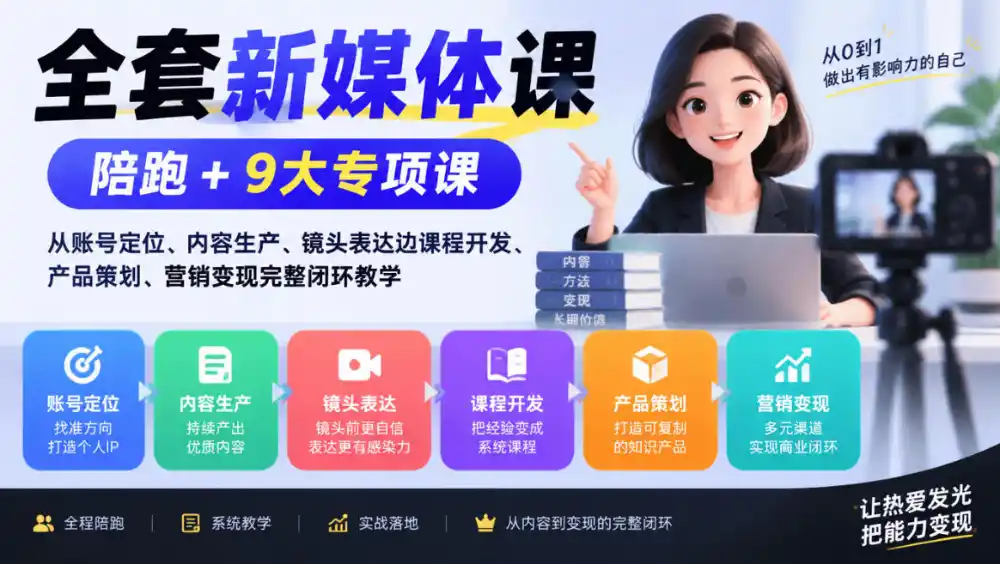 全套新媒体课｜陪跑+9大专项课，从账号定位、内容生产、镜头表达到课程开发、产品策划、营销变现完整闭环教学-百盟网