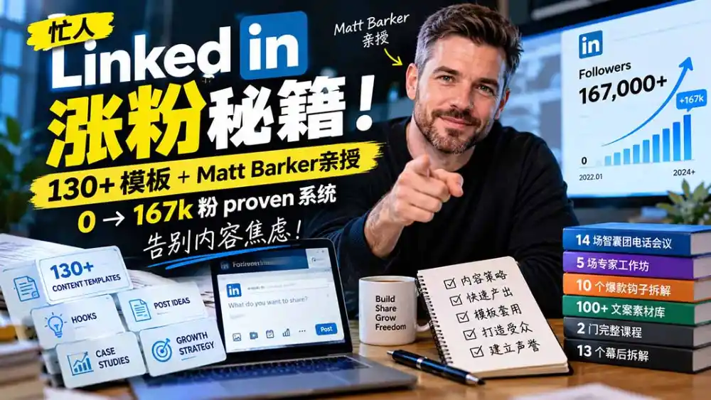 【无水印】忙人LinkedI 涨粉秘籍！130+模板+Matt Barker亲授：0→167k粉proven系统，告别内容焦虑【原创双语字幕】-百盟网