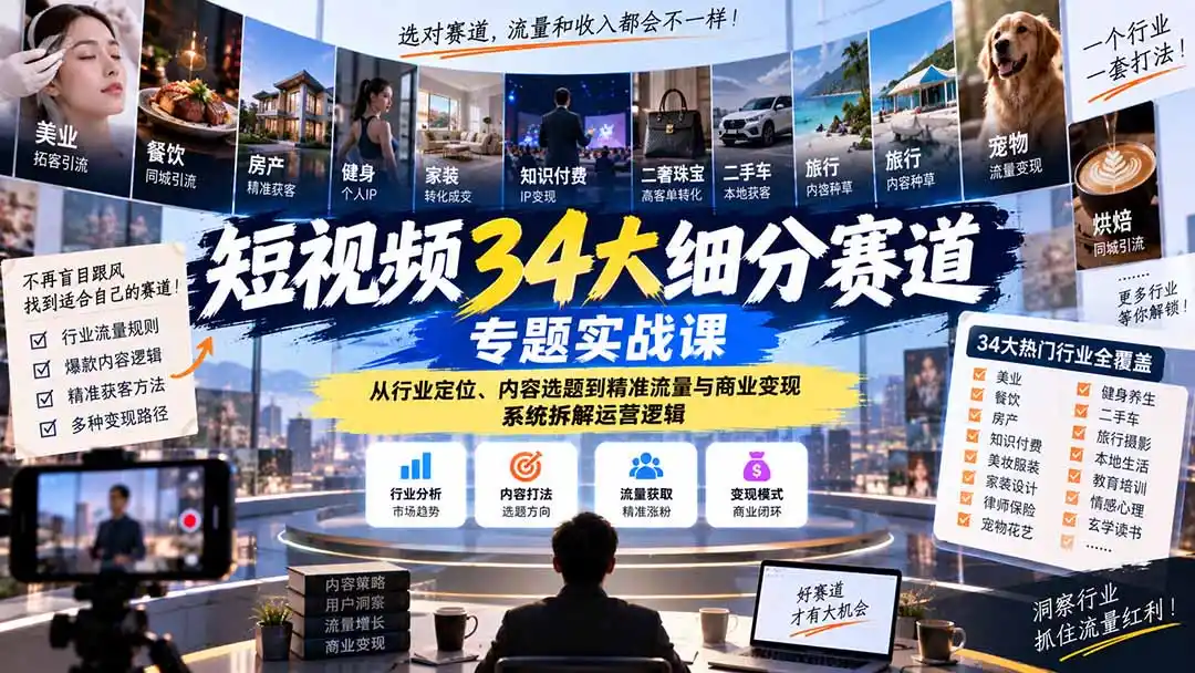 短视频34大细分赛道专题实战课:从行业定位、内容选题到精准流量与商业变现,系统拆解运营逻辑 短视频34大细分赛道专题实战课:从行业定位、内容选题到精准流量与商业变现,系统拆解运营逻辑