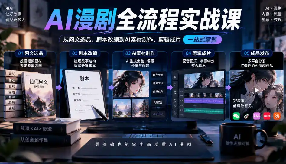 AI漫剧全流程实战课,覆盖从网文选品、剧本改编到AI素材制作、剪辑成片的完整链路 AI漫剧全流程实战课,覆盖从网文选品、剧本改编到AI素材制作、剪辑成片的完整链路