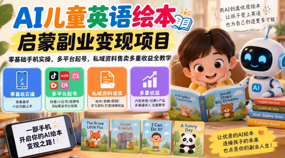 AI儿童英语绘本启蒙副业变现项目,零基础手机实操,多平台起号,私域资料售卖多重收益全教学-百盟网