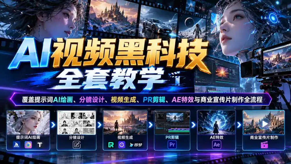 AI视频黑科技全套教学:覆盖提示词AI绘画、分镜设计、视频生成、PR剪辑、AE特效与商业宣传片制作全流程-百盟网