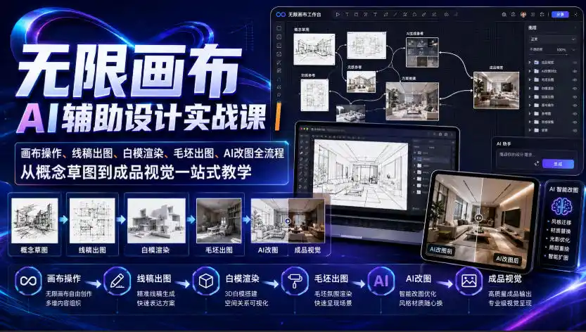 无限画布AI辅助设计实战课|画布操作、线稿出图、白模渲染、毛坯出图、AI改图全流程,从概念草图到成品视觉一站式教学(更新0923) 无限画布AI辅助设计实战课|画布操作、线稿出图、白模渲染、毛坯出图、AI改图全流程,从概念草图到成品视觉一站式教学(更新0923)