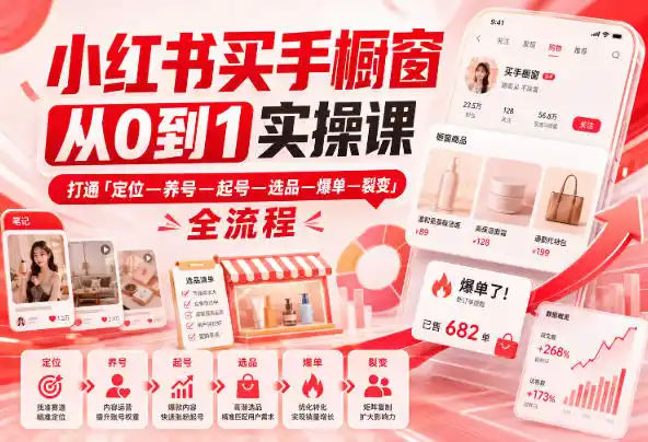 小红书买手橱窗从0到1实操课,打通「定位—养号—起号—选品—爆单—裂变」全流程-百盟网