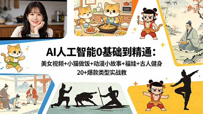 AI人工智能0基础到精通:美女视频+小猫做饭+动漫小故事+福娃+古人健身,20+爆款类型实战教学-百盟网