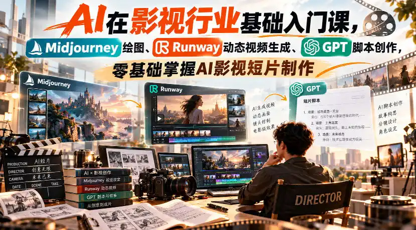 【无水印】AI在影视行业基础入门课，Midjourney绘图、Runway动态视频生成、GPT脚本创作，零基础掌握AI影视短片制作-百盟网
