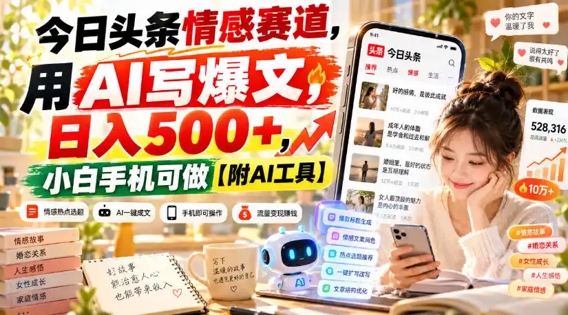 今日头条情感赛道，用AI写爆文，日入500+，小白手机可做【附AI工具】-百盟网