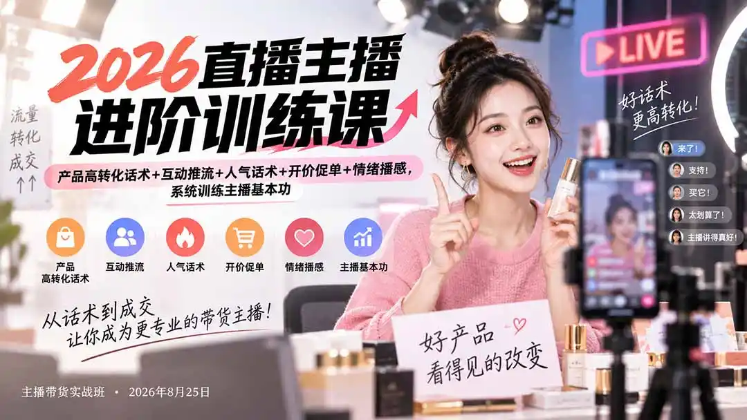 2026直播主播进阶训练课:产品高转化话术+互动推流+人气话术+开价促单+情绪播感,系统训练主播基本功-百盟网