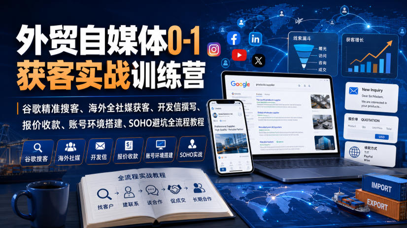 外贸自媒体0-1获客实战训练营|谷歌精准搜客、海外全社媒获客、开发信撰写、报价收款、账号环境搭建、SOHO避坑全流程教程(更新)-百盟网