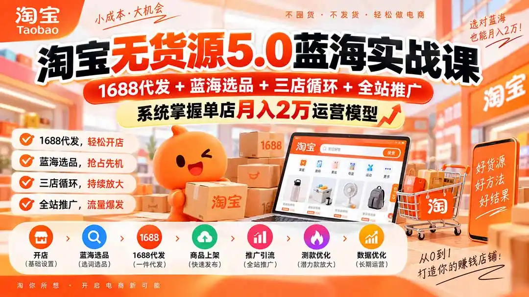 淘宝无货源5.0蓝海实战课-更新:1688代发+蓝海选品+三店循环+全站推广,系统掌握单店月入2万运营模型-百盟网