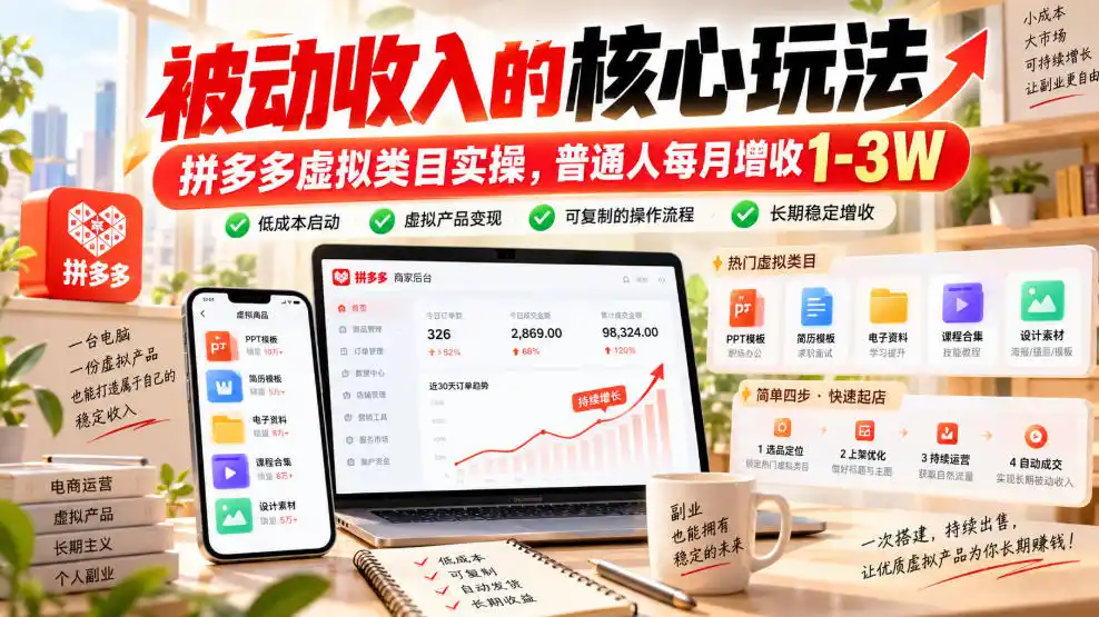 被动收入的核心玩法，拼多多虚拟类目实操，普通人每月增收1-3W【揭秘】-百盟网
