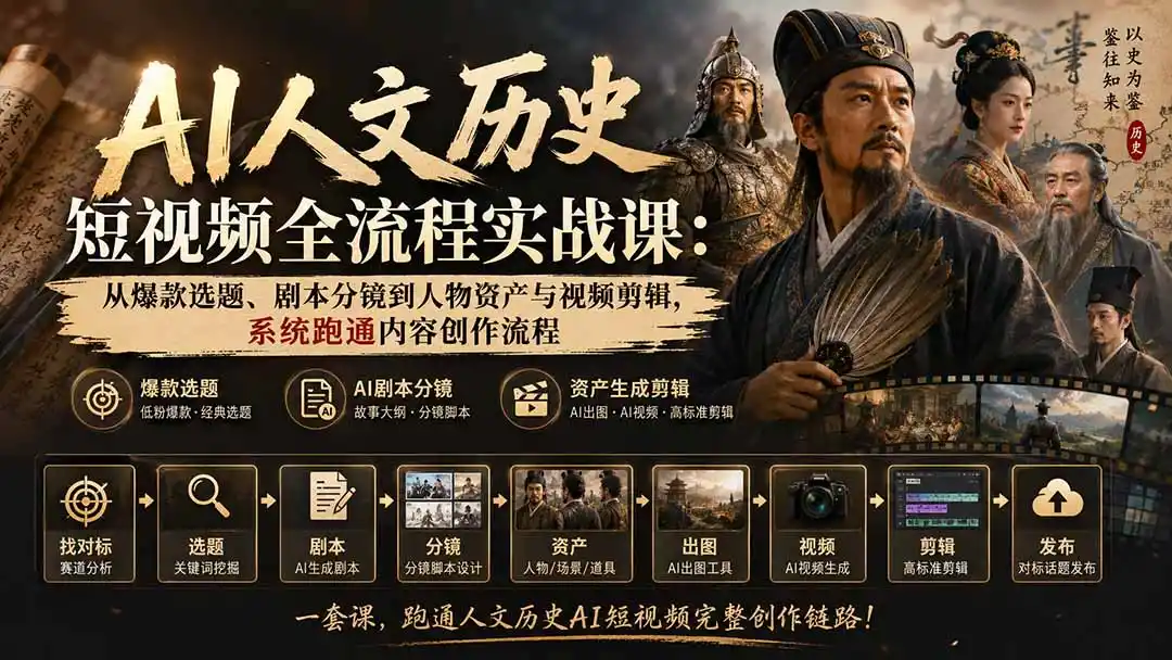 AI人文历史短视频全流程实战课-更新：从爆款选题、剧本分镜到人物资产与视频剪辑，系统跑通内容创作流程-百盟网
