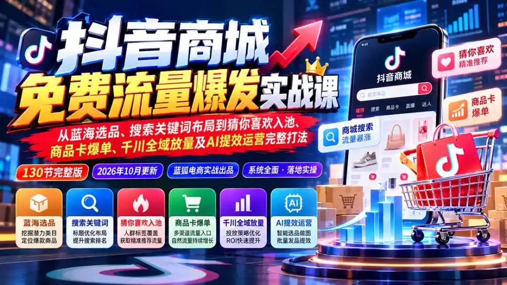 抖音商城免费流量爆发实战：从蓝海选品、搜索关键词布局到猜你喜欢入池、商品卡爆单、千川全域放量及AI提效完整打法-百盟网