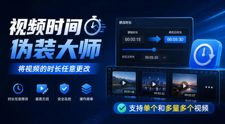 视频时间伪装大师,将视频的时长任意更改,支持单个和多量多个视频 视频时间伪装大师,将视频的时长任意更改,支持单个和多量多个视频