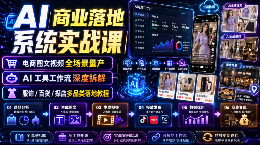 AI商业落地系统实战课｜电商图文视频全场景量产・AI工具工作流深度拆解・服饰/百货/探店多品类落地教程-百盟网
