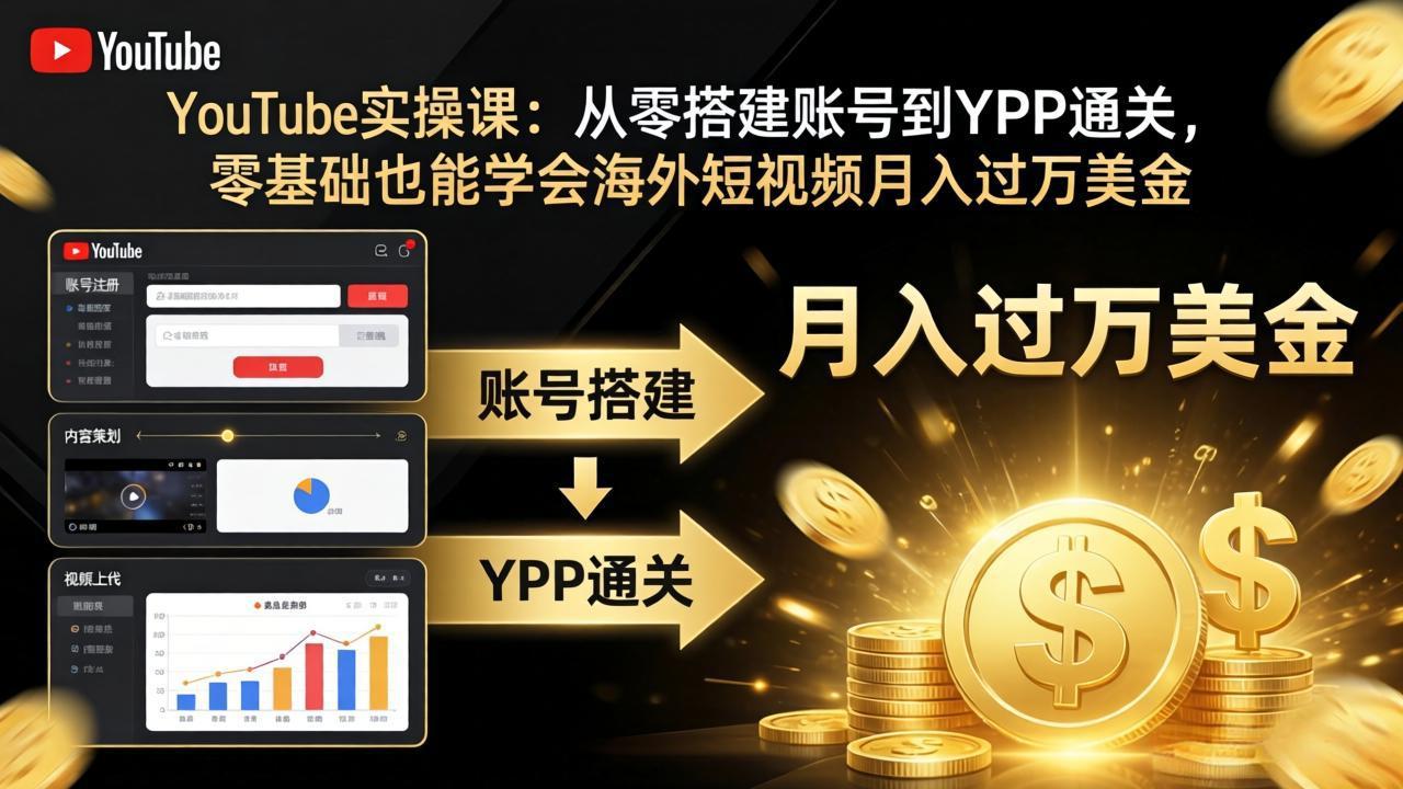 YouTube实操课：从零搭建账号到YPP通关，零基础也能学会海外短视频月入过万美金-百盟网