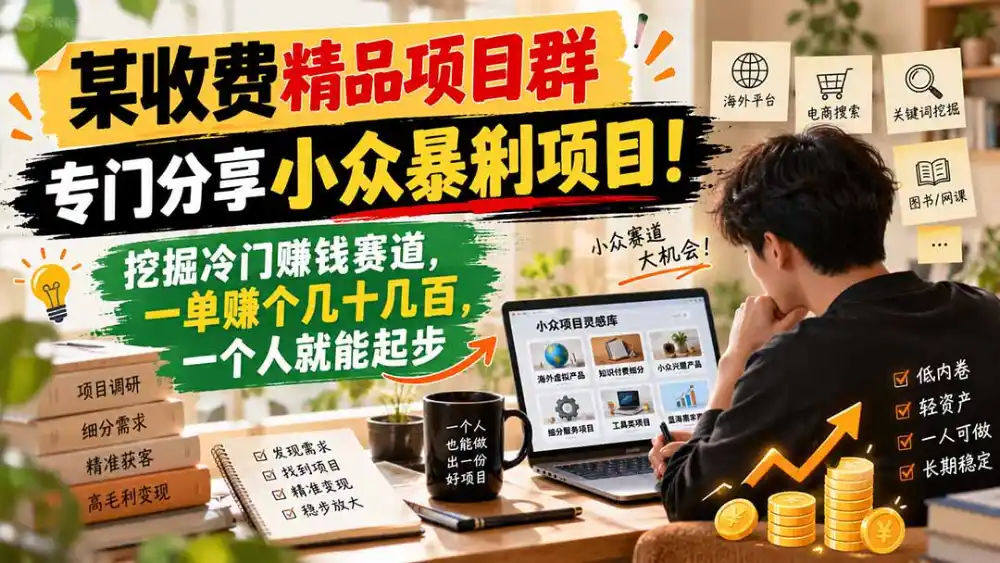 某收费精品项目群，专门分享小众暴俐项目！挖掘冷门赚钱赛道，一单赚个几十几百，一个人就能起步-百盟网