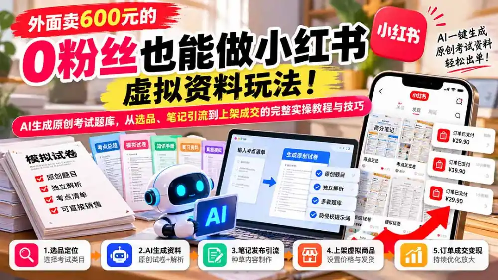 外面卖600元的 零粉丝也能做小红书虚拟资料玩法!AI生成原创考试题库,从选品、笔记引流到上架成交的完整实操教程-百盟网