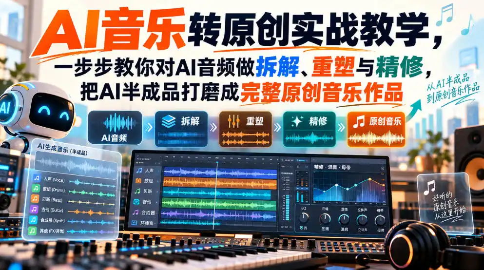 AI音乐转原创实战教学,一步步教你对AI音频做拆解、重塑与精修,把AI半成品打磨成完整原创音乐作品 AI音乐转原创实战教学,一步步教你对AI音频做拆解、重塑与精修,把AI半成品打磨成完整原创音乐作品