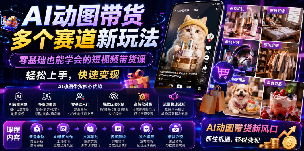 AI动图带货多个赛道新玩法,零基础也能学会的短视频带货课,轻松上手,快速变现-百盟网