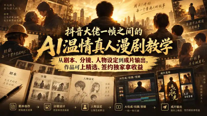 抖音大佬一帧之间的AI温情真人漫剧教学，从剧本、分镜、人物设定到成片输出，作品可上精选、签约独家拿收益-百盟网