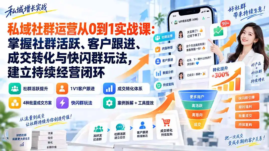 私域社群运营从0到1实战课：掌握社群活跃、客户跟进、成交转化与快闪群玩法，建立持续经营闭环-百盟网
