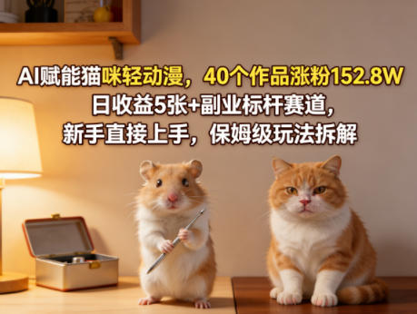 AI赋能猫咪轻动漫，40个作品涨粉152.8W，日收益5张+副业标杆赛道，新手直接上手，保姆级玩法拆解-百盟网
