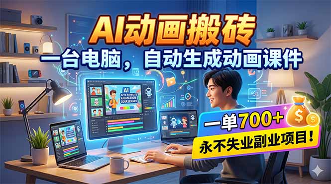 AI动画搬砖，一台电脑，自动生成动画课件，一单800+ 永不失业副业项目！-百盟网