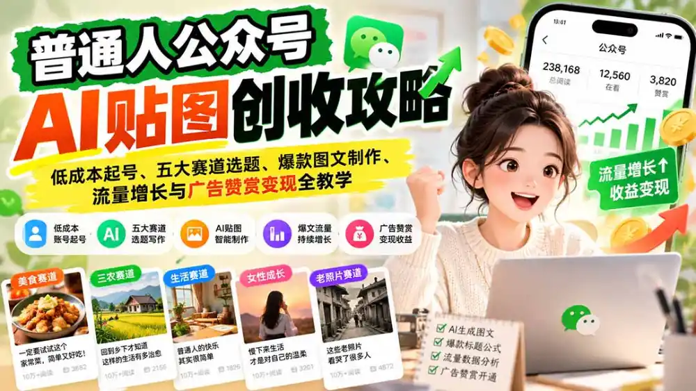 普通人公众号AI贴图创收攻略：低成本起号、五大赛道选题、爆款图文制作、流量增长与广告赞赏变现全教学-百盟网