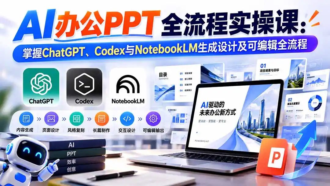 【无水印】AI办公PPT全流程实操课： 掌握ChatGPT、Codex与NotebookLM生成设计及可编辑全流程-百盟网