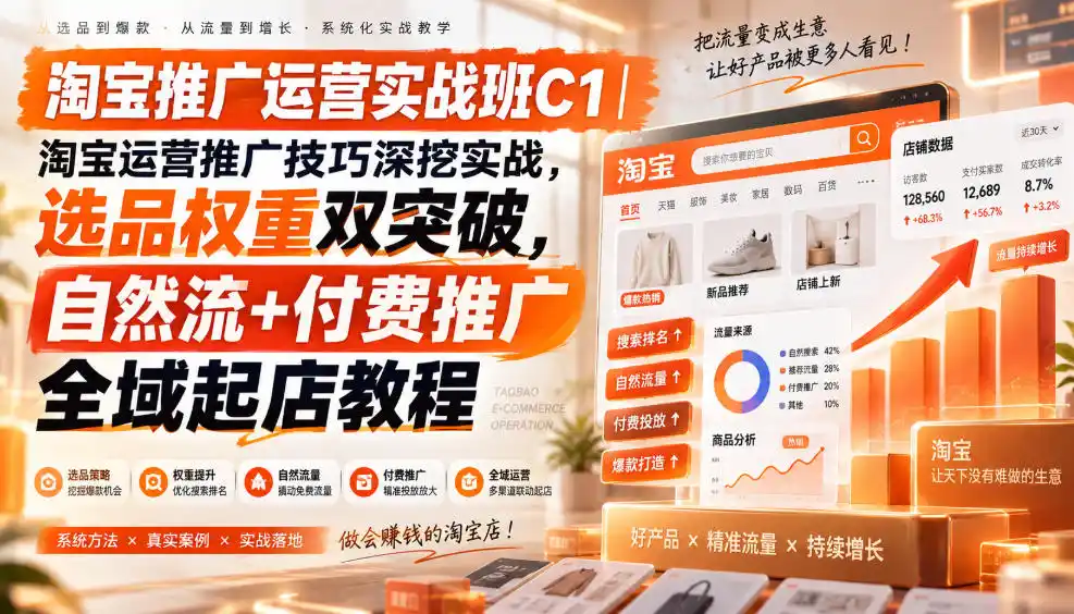 淘宝推广运营实战班C1|淘宝运营推广技巧深挖实战,选品权重双突破,自然流+付费推广全域起店教程-百盟网