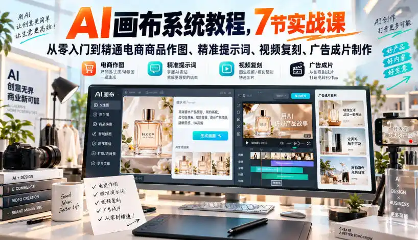 AI画布系统教程，7节实战课从零入门到精通电商商品作图、精准提示词、视频复刻、广告成片制作-百盟网