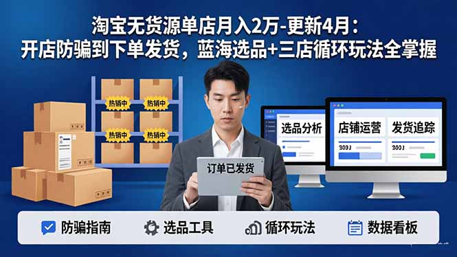 淘宝无货源5.0单店月入2万-更新4月：开店防骗到下单发货，蓝海选品+三店循环玩法全掌握-百盟网