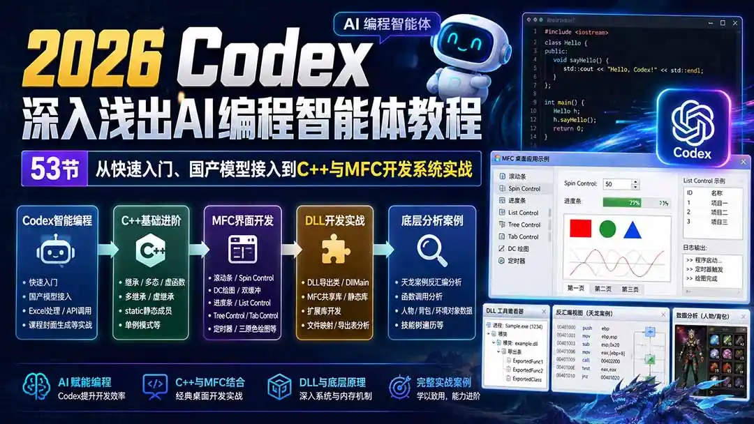 2026 Codex深入浅出AI编程智能体教程:53节从快速入门、国产模型接入到C++与MFC开发系统实战-百盟网