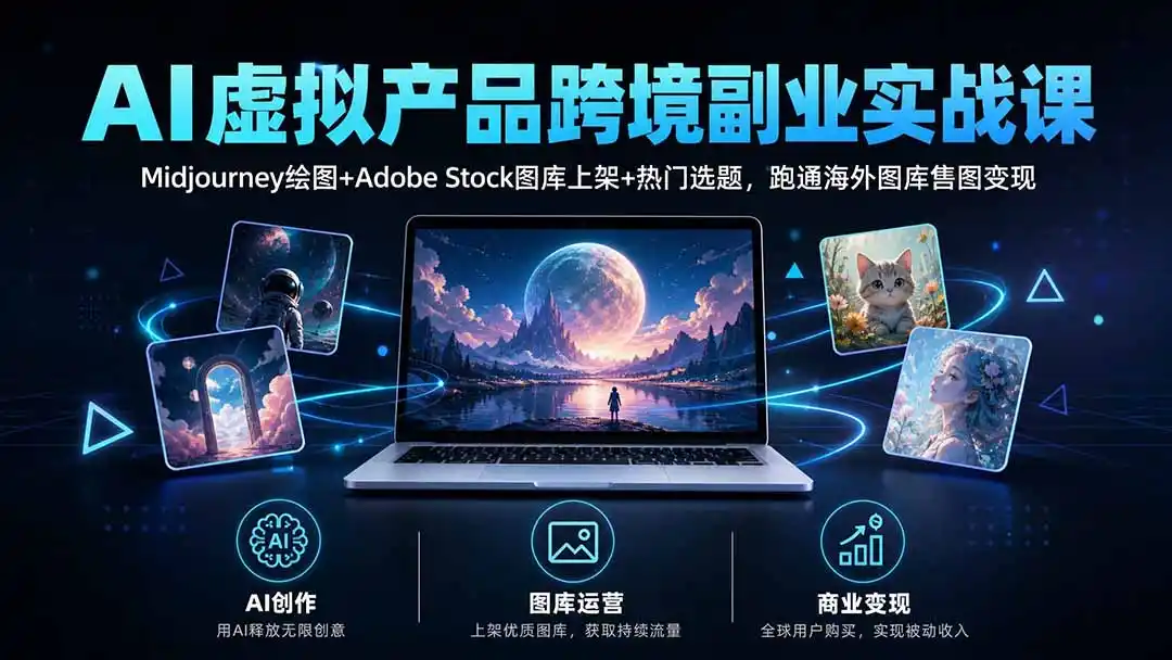 AI虚拟产品跨境副业实战课｜Midjourney绘图+Adobe Stock图库上架+热门选题，跑通海外图库售图变现-百盟网
