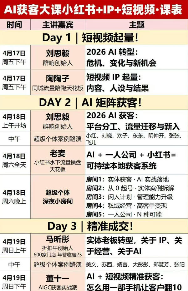 AI获客大课小红书+IP+短视频3天2夜线下课，用最真实的一线案例，最前沿的AI工具，最有效的流量打法-百盟网