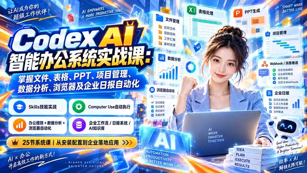Codex AI智能办公系统实战课：掌握文件、表格、PPT、项目管理、数据分析、浏览器及企业日报自动化-百盟网