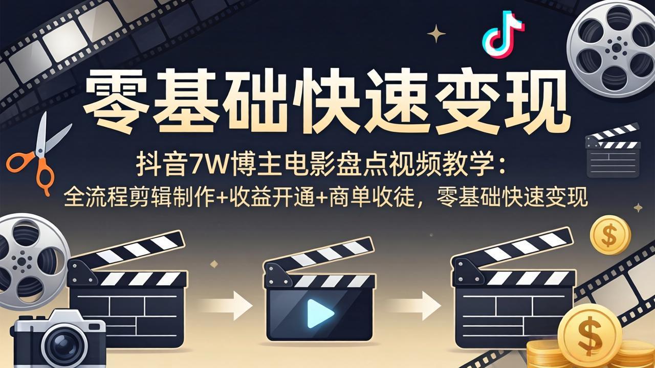 抖音7W博主电影盘点视频教学：全流程剪辑制作+收益开通+商单收徒，零基础快速变现-百盟网