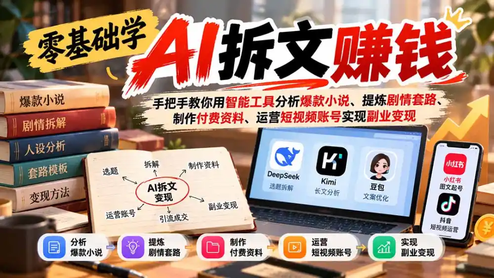 零基础学AI拆文赚钱：手把手教你用智能工具分析爆款小说、提炼剧情套路、制作付费资料、运营短视频账号实现副业变现-百盟网