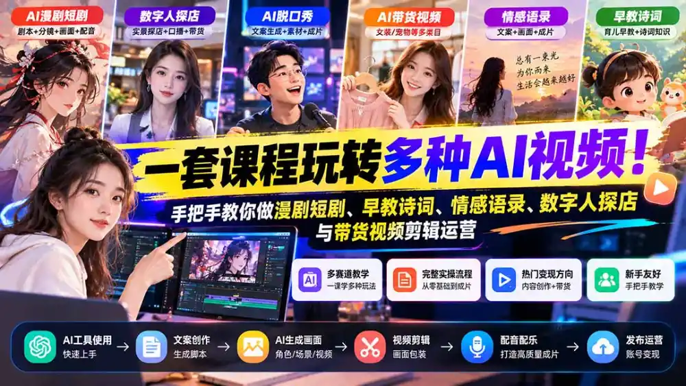 【无水印】一套课程玩转多种AI视频！手把手教你做漫剧短剧、早教诗词、情感语录、数字人探店与带货视频剪辑运营-百盟网