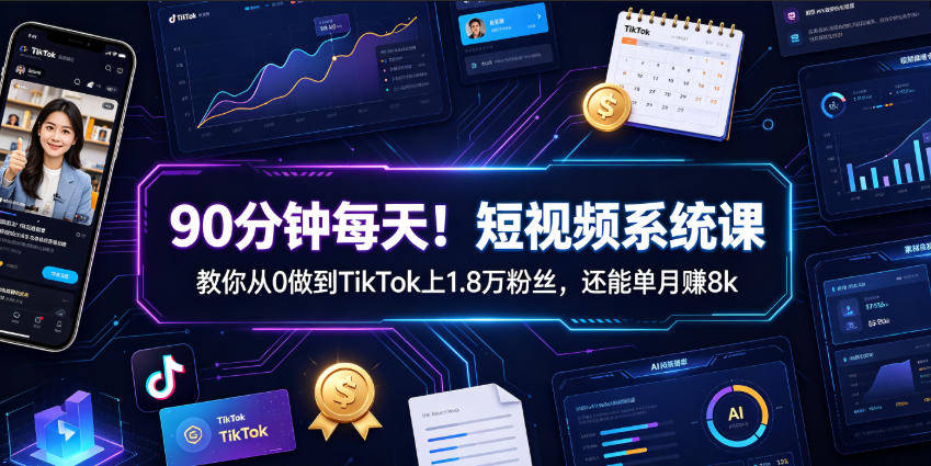 90分钟每天!短视频系统课教你从0做到TikTok上1.8万粉丝,还能单月賺8k【原创双语字幕】-百盟网