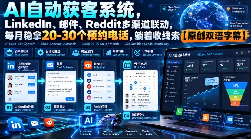 【无水印】AI自动获客系统，LinkedIn、邮件、Reddit多渠道联动，每月稳拿20-30个预约电话，躺着收线索【原创双语字幕】-百盟网