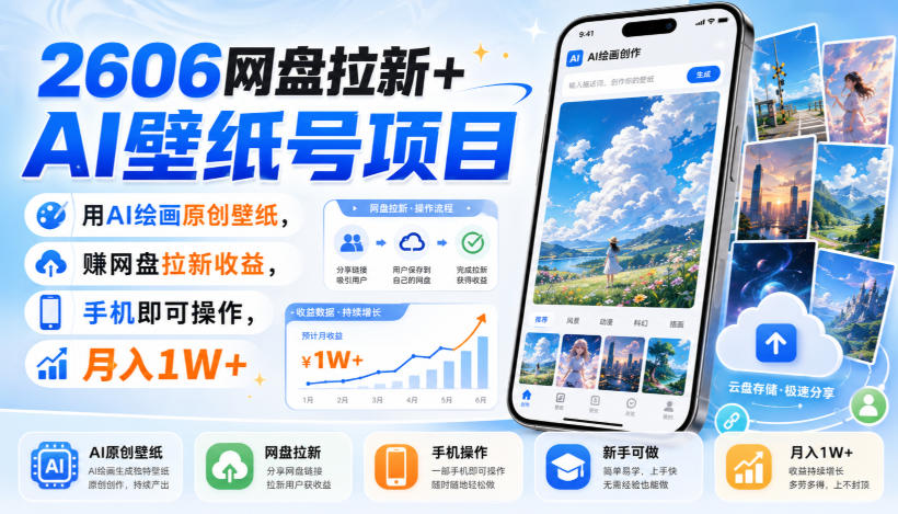 2606网盘拉新+AI壁纸号项目,用AI绘画原创壁纸,賺网盘拉新收益,手机即可操作,月入1W+-百盟网